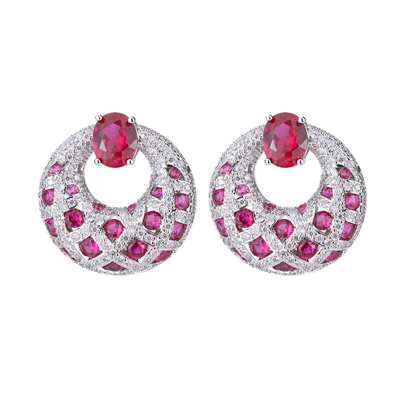 Gorgeous Rose Red Round Cubic Zirconia Dotted Cross Shape Big Geometric Drop Earrings Women Wedding Party Charming Jewelry Gift