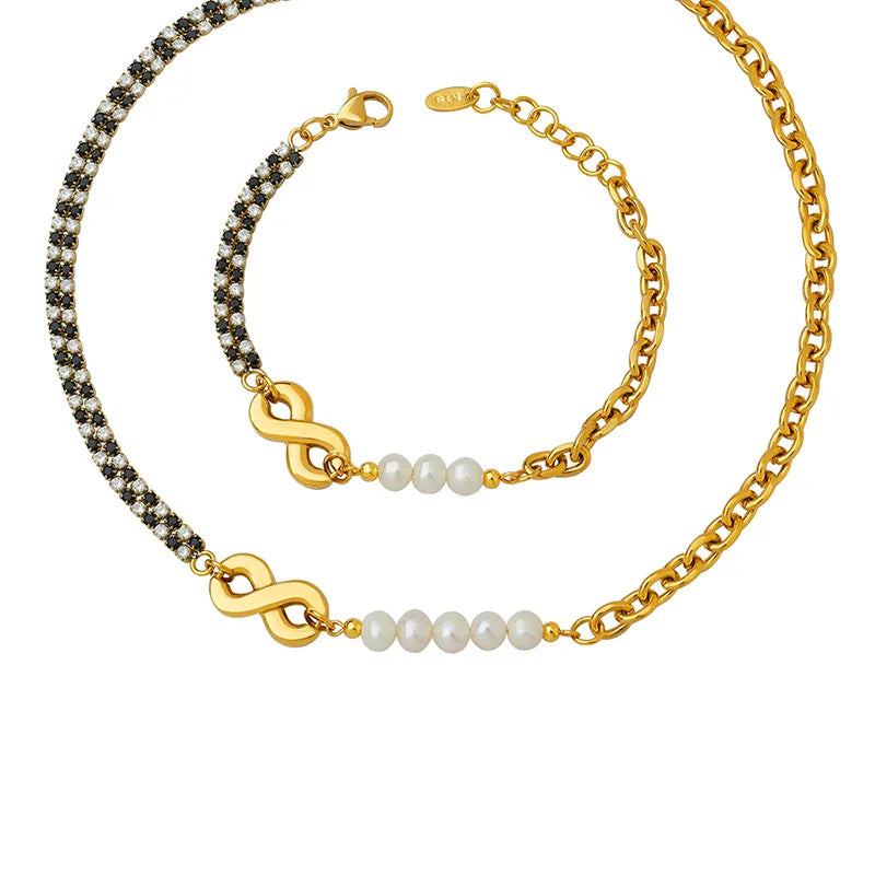 Stainless Steel Gold Splice Zircon Chain Infinity Bracelet Necklace Titanium Steel PVD Freshwater Pearl Zircon Infinity Necklace
