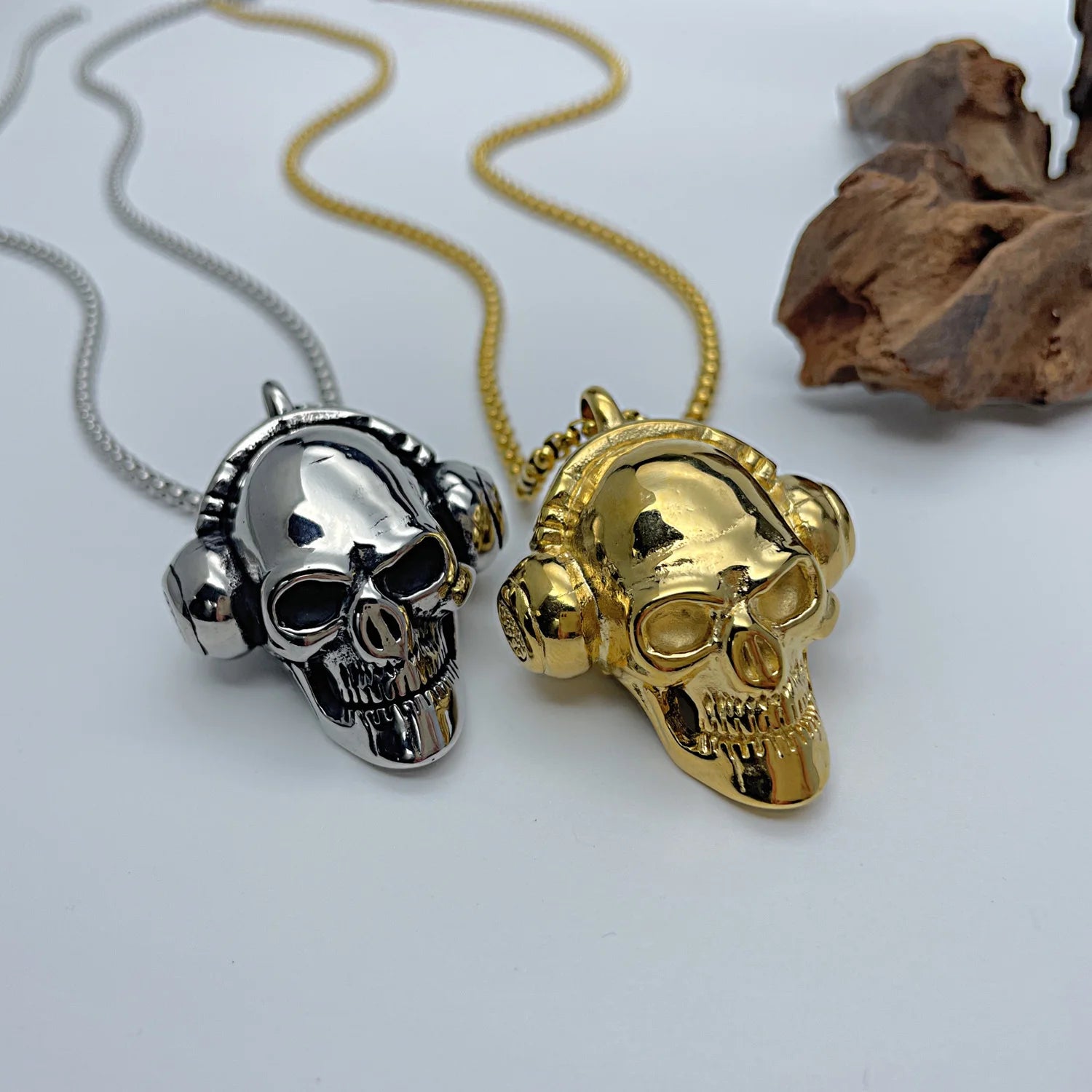 Fashion High Polished Gold Silver Plated Steel Stainless Viking Skull Head Pendant Necklace Metal Chain for Men Jewelry