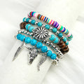 Bohemian Retro Style Fashion Bull Head Cactus Flower Pendant Mixed Bead Decoration Multi-layer Elastic Bracelet