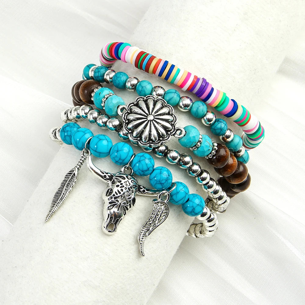 Bohemian Retro Style Fashion Bull Head Cactus Flower Pendant Mixed Bead Decoration Multi-layer Elastic Bracelet