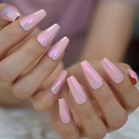 Press on Nails Long Chrome Pink Mirror Design Acrylic Nails for Dating Night Club Manicure False Fingernails