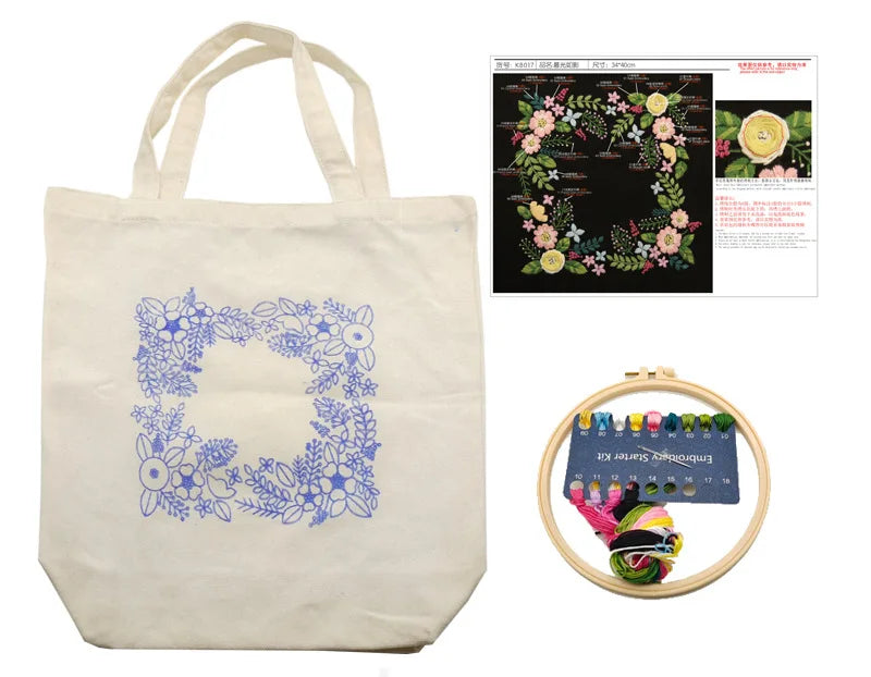 Hot Sale Canvas Tote Bag Embroidery Starter Kit with Pattern -Embroidery Kit for Beginners Adults