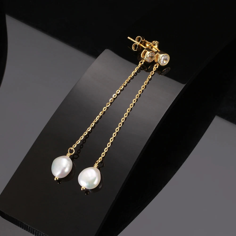 RINNTIN GPE19 Baroque Freshwater Pearls & Zircon Earrings 925 Sterling Silver with 14K Gold Plating Solid Drop Studs for Women