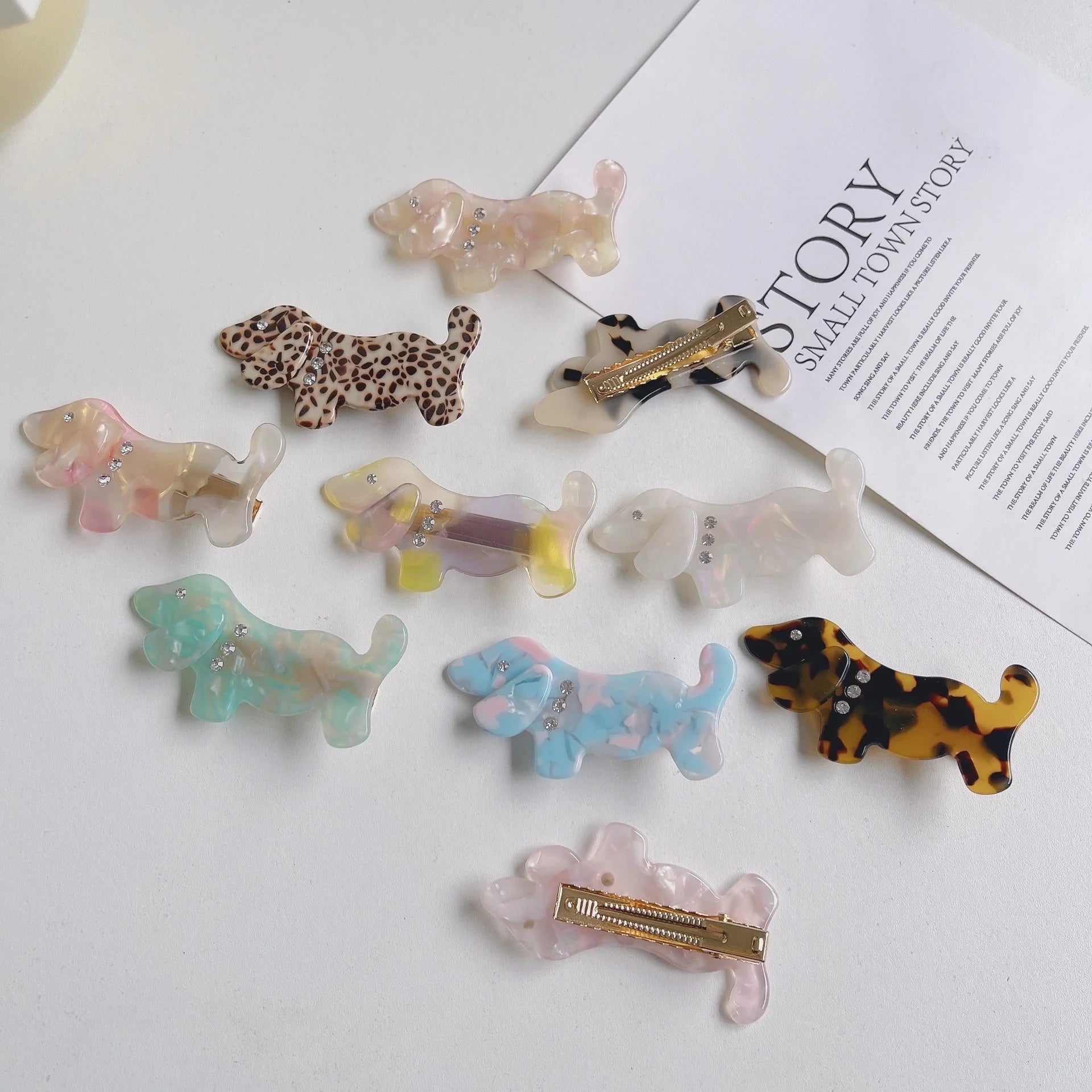 MIO Wholesale 10 Patterns Cute Dog Shape Hairpin Shiny Crystal Beads Acetate Duckbill Hair Clip Hairgrips