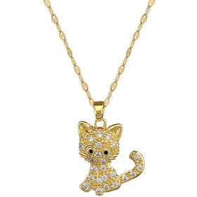 Fashion Creative Stainless Steel CZ Crystal Rhinestone Animal Cute Cat Pendant Necklace Jewelry for Women Girls