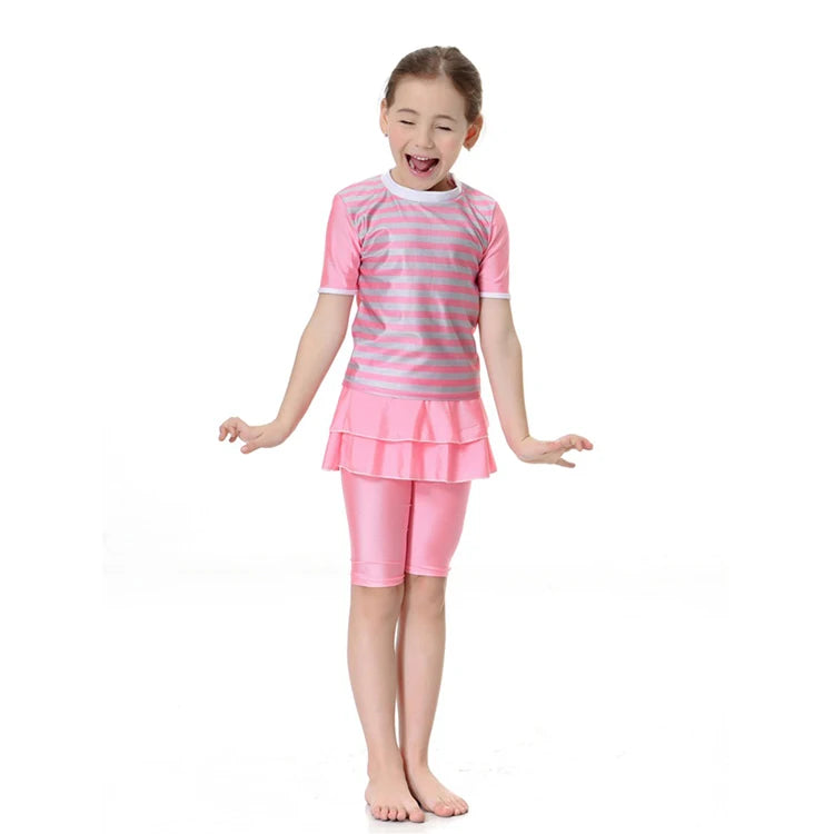 2021 Children Cute Swimsuit Blue Kids Bathing Suit Muslim Two-piece Modest Girls Short Sleeve Swimwear Skirted