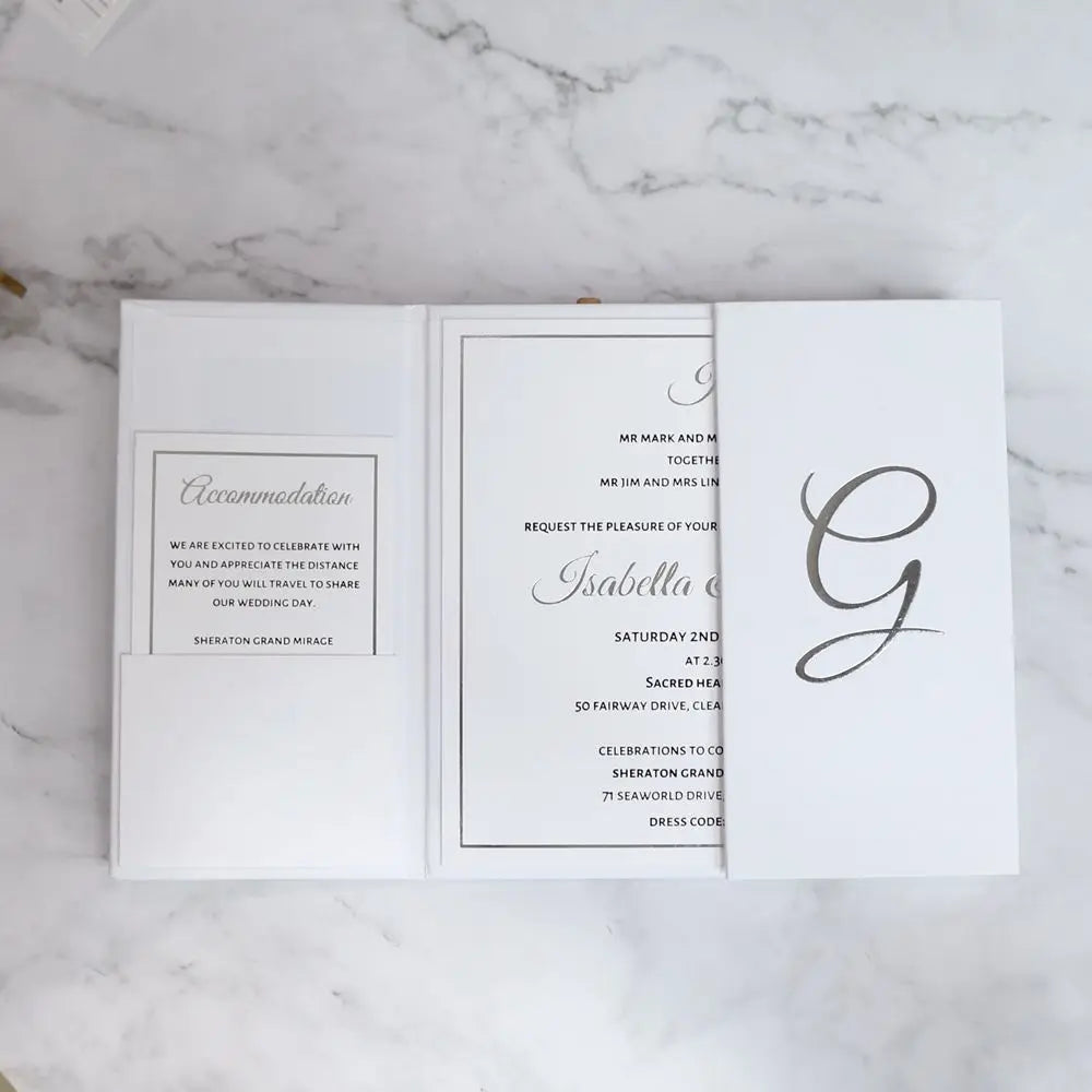Elegant Silver Foil Initials White Hardcover Booklet Gate Fold Pocket Invitation for Birthday Wedding