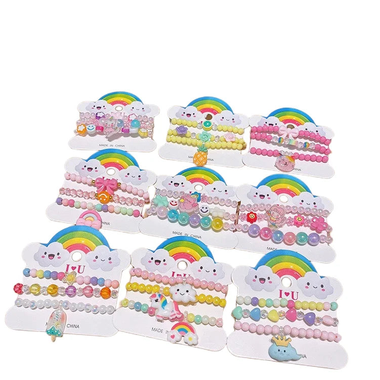 Handmade 3pcs Set Trendy Children's Acrylic Bracelets Colorful Cartoon Fruit Beaded Jewelry Perfect Wedding Gift for Little