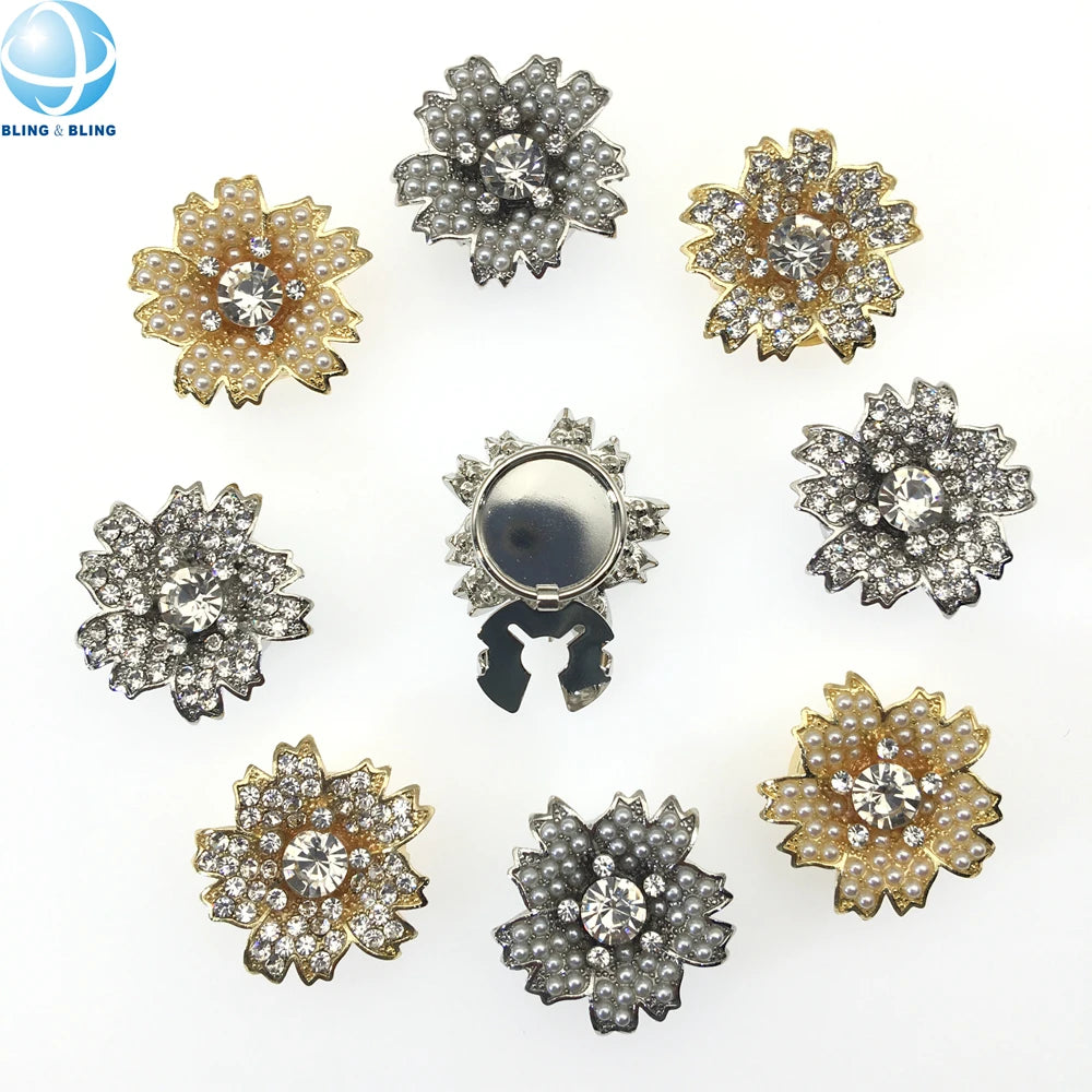 Unique Design Metal Engraved Flower No Sew Clip Over Button Jewel Pearl Button Covers for Women Shirt Tux Suit Decoration