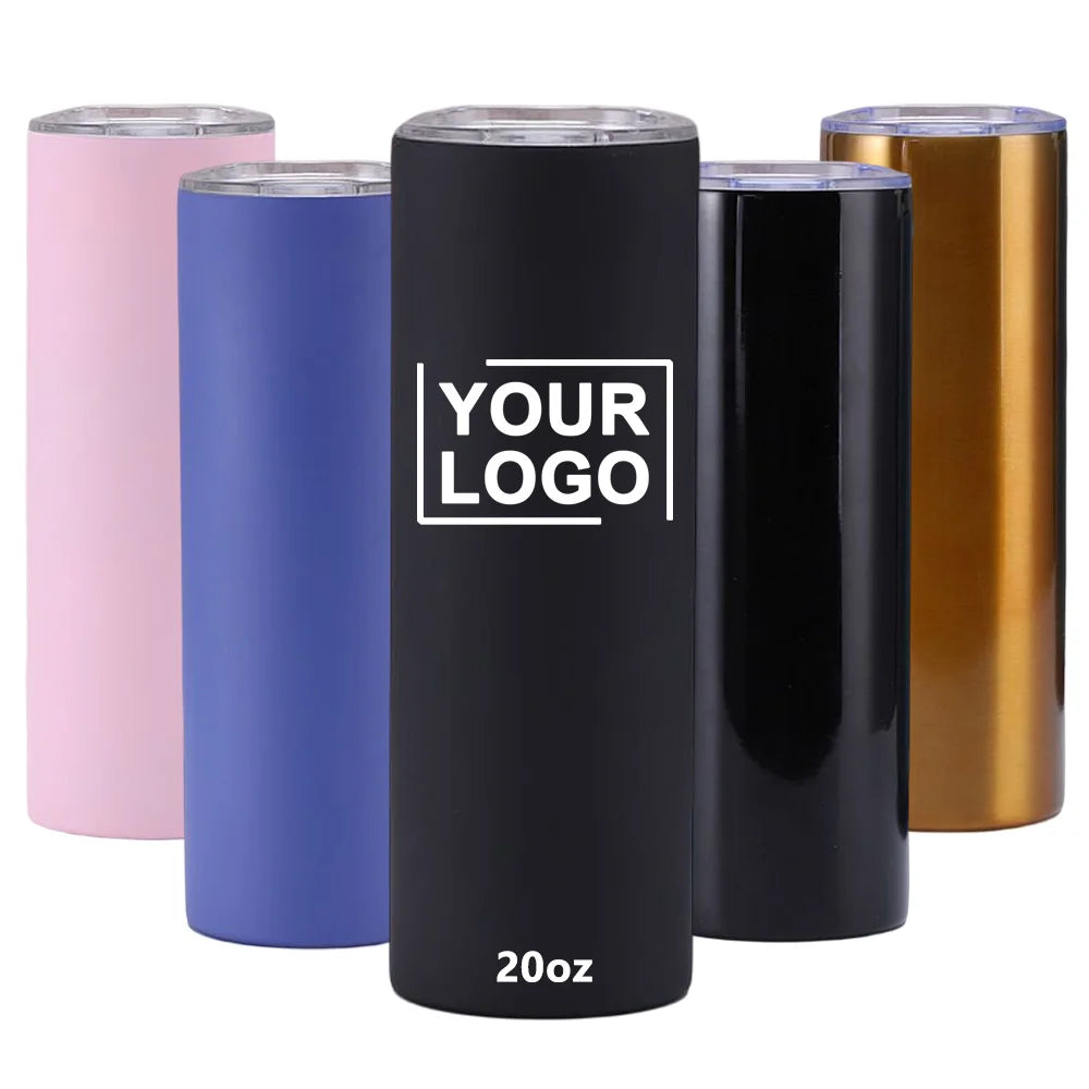 Wholesale Custom Logo Straight Tumbler Slim Glitter Sublimation Stainless Steel 20oz Skinny Tumbler with Straw and Lid