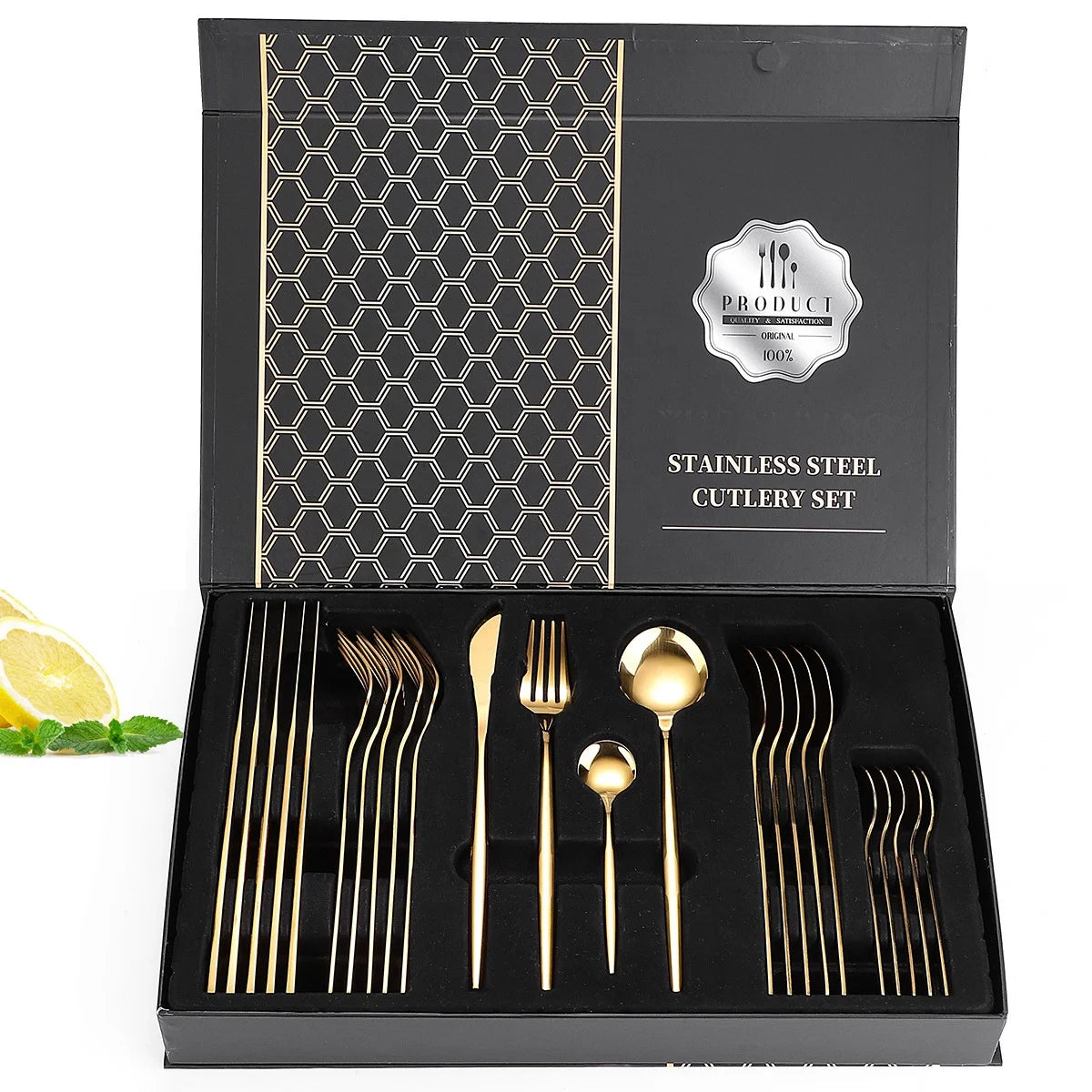 Eco Wedding Shiny Gold 24 Piece with Gift Box Rose Cutlery Set Stainless Steel