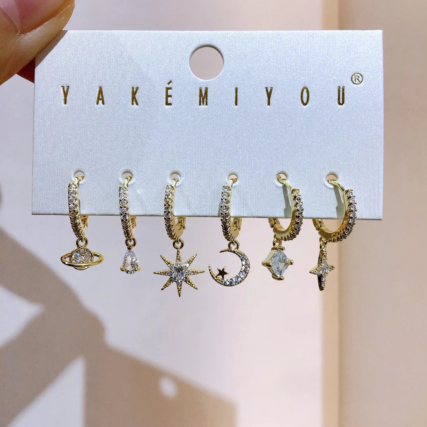 Go Party 6Pcs/Sets Planet Star Moon Hoop Huggie Earrings Set Micro Inlaid Cubic Zirconia Drop Dangle Earrings Set Women Jewelry