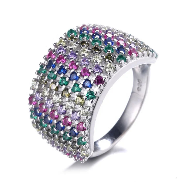 Multi Color Micro CZ Pave Wide Band Ring in Pure Silver 925 Hand Jewelry for Women