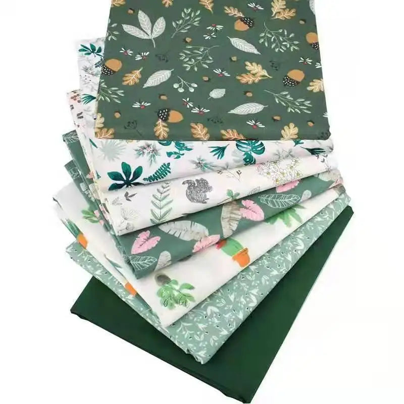 7pcs/lot Green Series 100% Cotton Fabric Squares Floral Printed Eco-Friendly Durable Sewing Fabric Bundles Quilting Patchwork