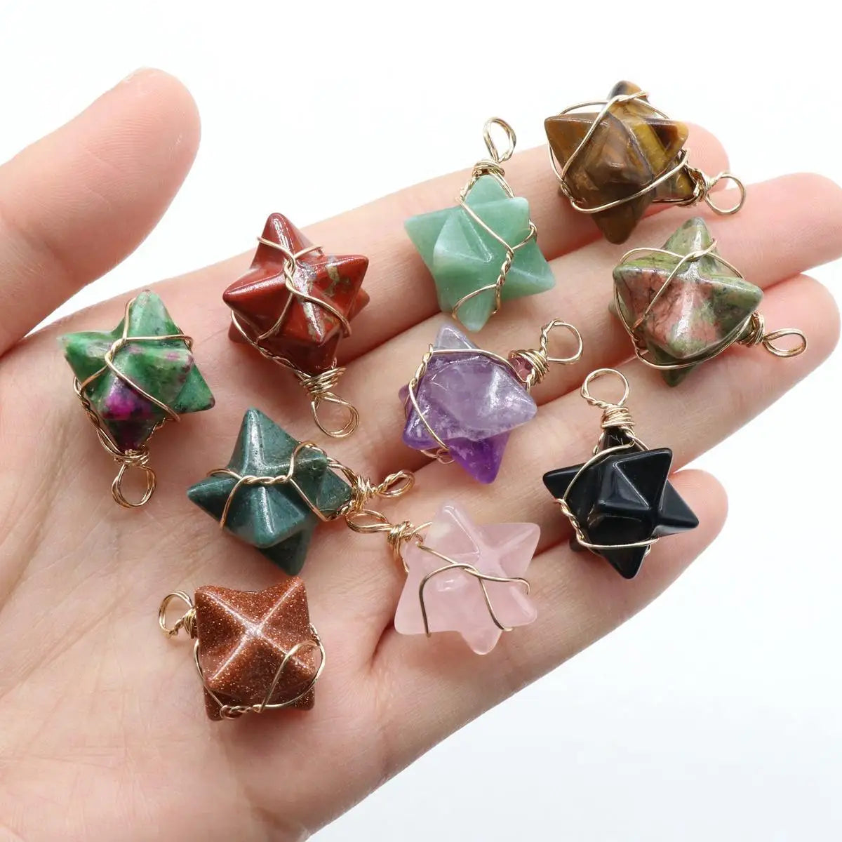 Wholesale Fashion 20MM Natural Gemstone Amethyst Rose Quartz Wire Wrap Merkaba Hexagram Pendant for Gifts Women's Pendant