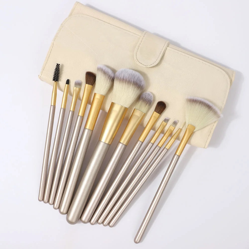 DIAS 12 Pcs Champagne Wood Handle Vegan Synthetic Bristles Makeup Brush Private Label Professional Make up Brush Set