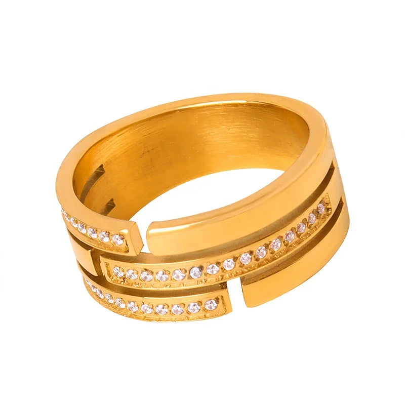 Ins Style Women Minimalist Fashion Design Jewelry 18k Gold Plated Stainless Steel Multi Layers Cubic Zircon Diamond Ring