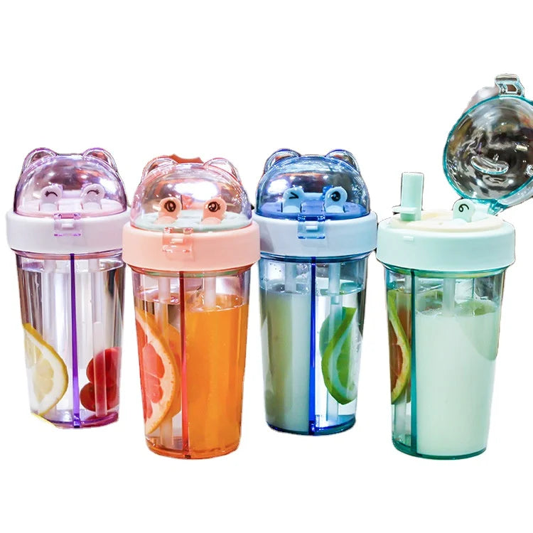 Drink Bottle Double-layer Separated Sippy Sports Custom 500ML Kids Plastic Water Bottles With Lids and Double Straws