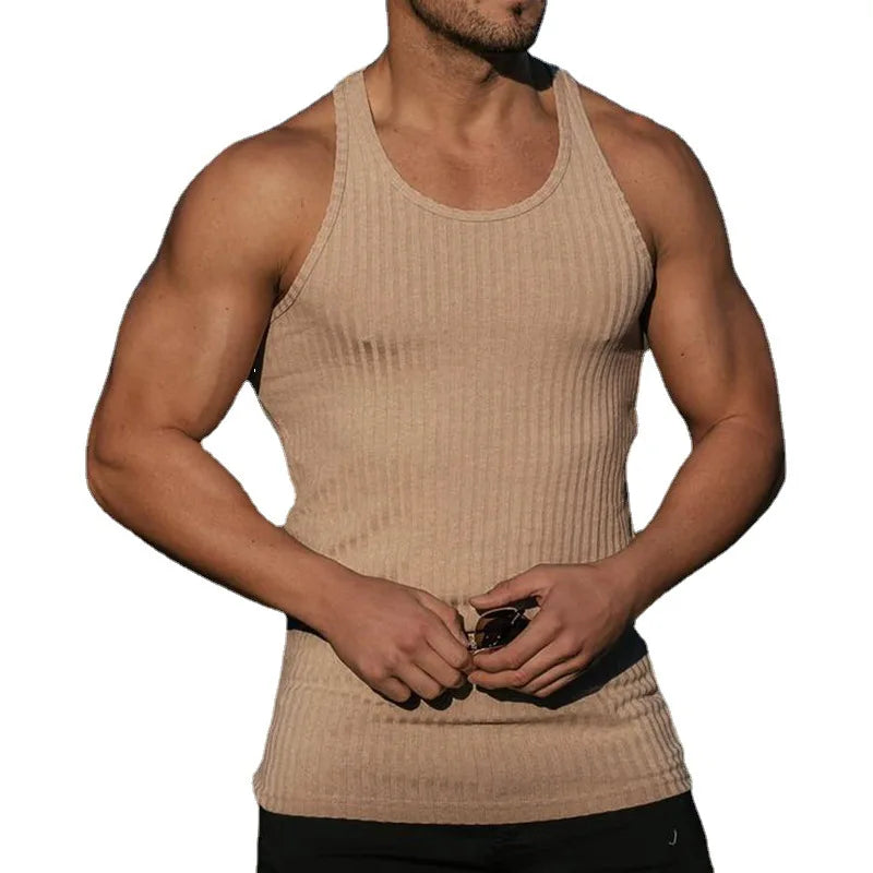 Fashion Summer Knitted Vertical Stripe Solid Vintage Vest Sportswear Plain Collar Sleeveless Plus Size Men's Vest