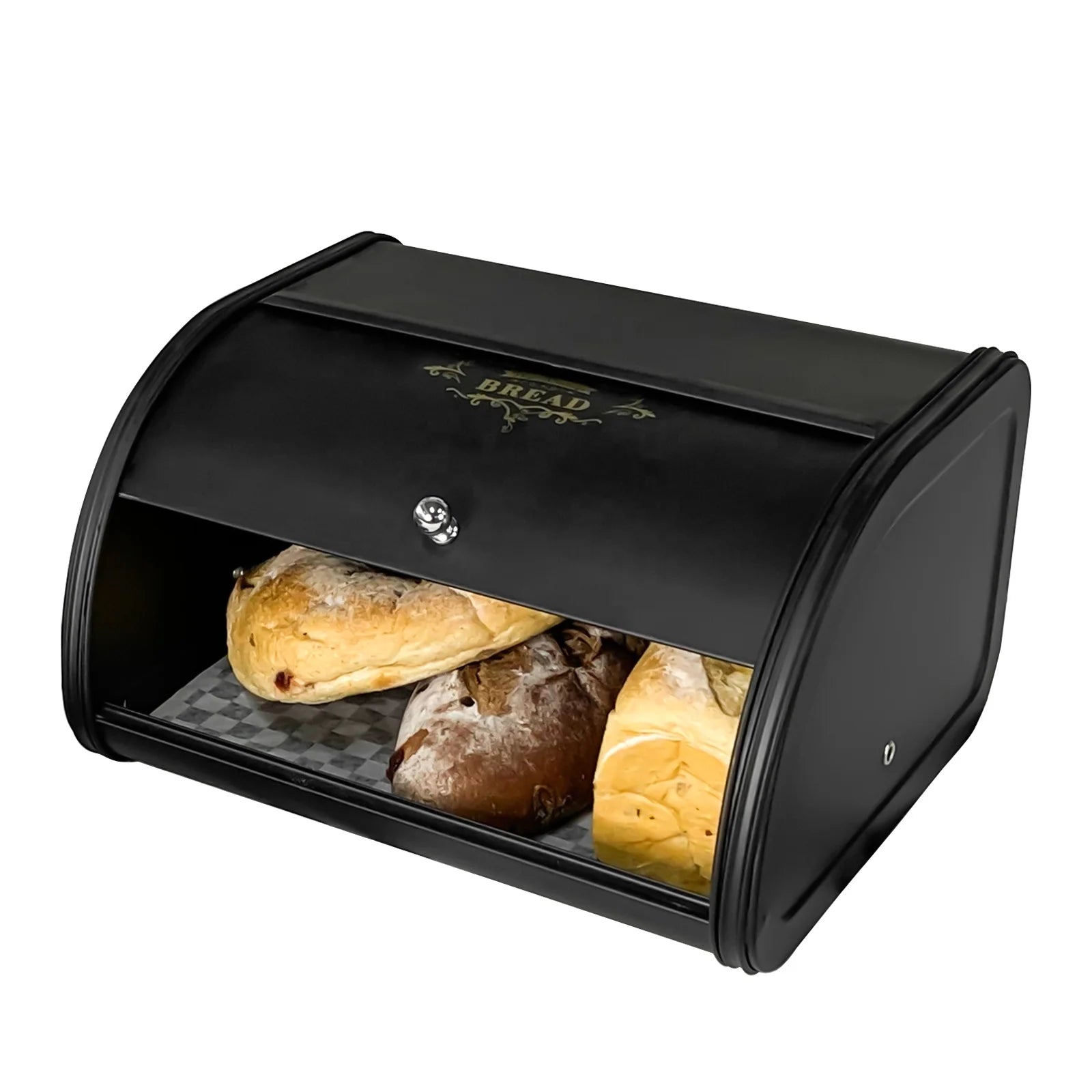 Food Grade Multipurpose Metal Clamshell Black Bread Box with Gold Letter for Kitchen Countertop Bread Holder Storage Rack