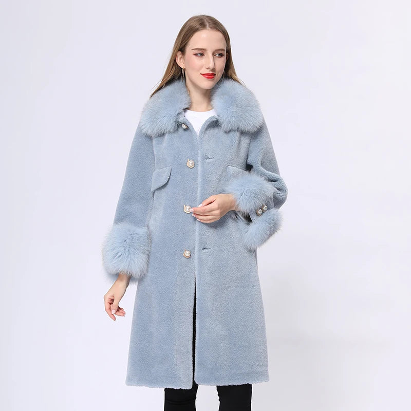 Custom Size Fashion Elegant Korean Long Women Fox Fur Collar Sheepskin Shearling Coat