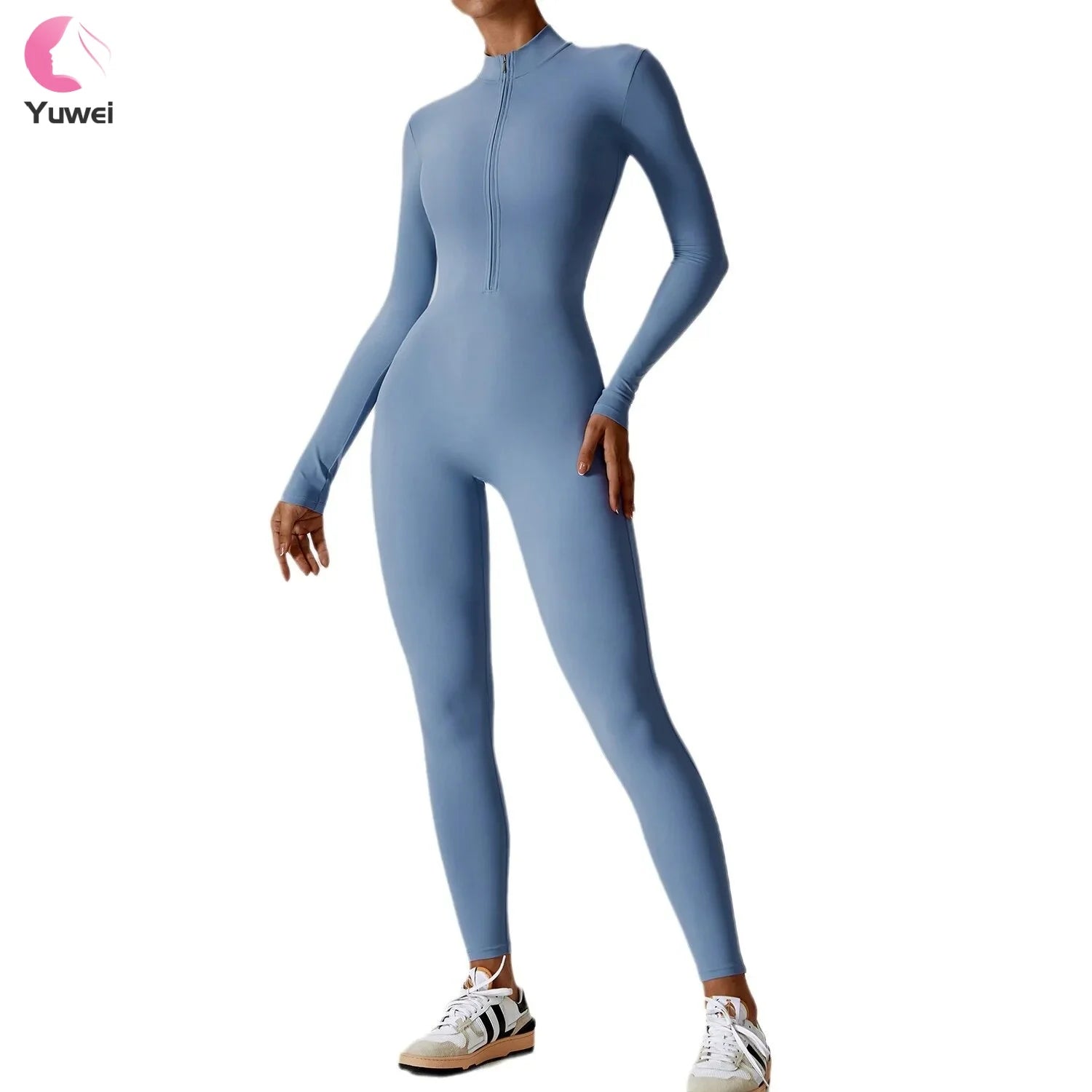 Fall Winter Solid Colours Jumpsuit Tight Long-sleeved Zipper Women's Outer Wear Fitness Sports One Piece Yoga Jumpsuits