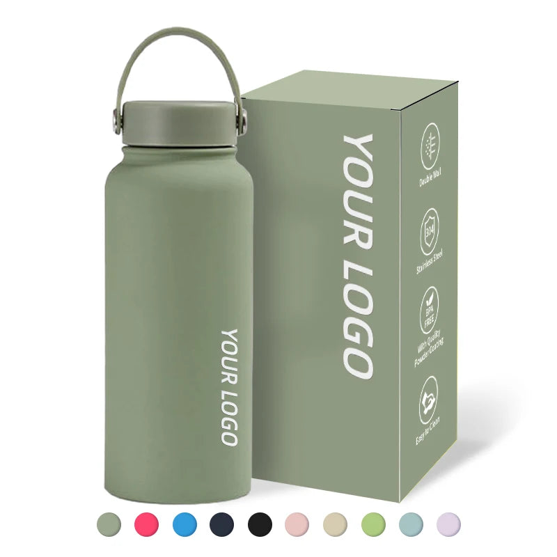 Customized LOGO 32oz 40oz Stainless Steel Water Bottle With Hook Lids Double Wall Vacuum Flask Matte Metal Tumblers for Sport