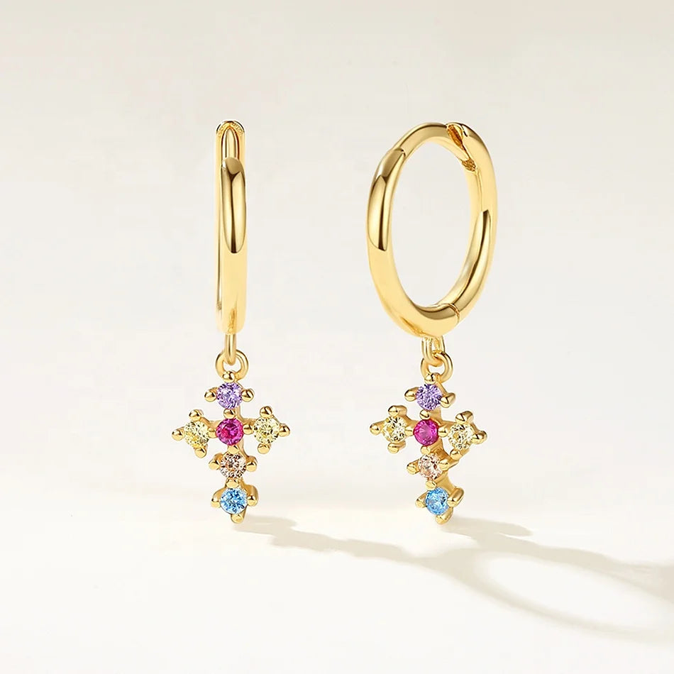 Nagosa Colorful Jewelry 925 Sterling Silver 18k Gold Vermeil Birthstone Cross Dangle Hoop Earrings for Women