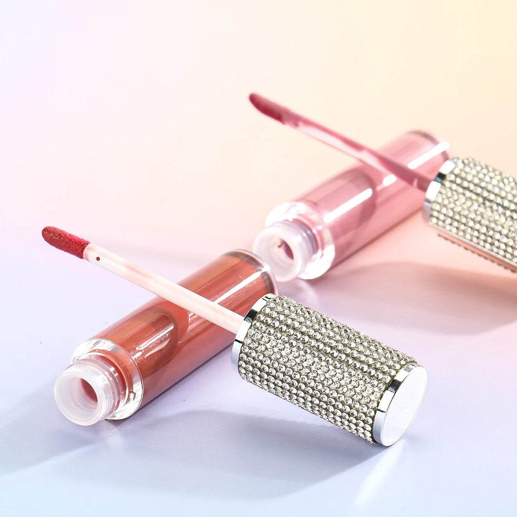 Private Label Shiny Lip Gloss Vegan Clear Lip Matte Lip Stick with Rhinestone Tubes