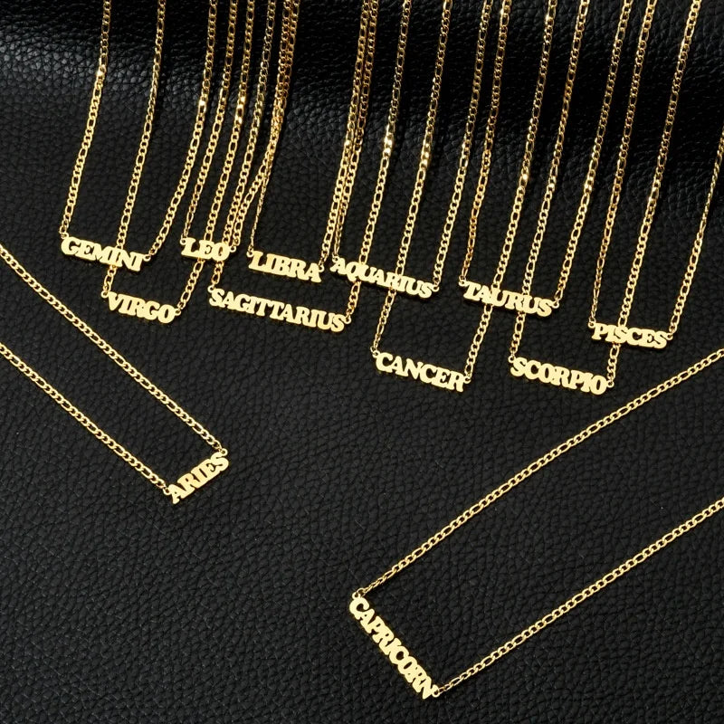 2022 Trendy Personalized Jewelry Stainless Steel Thin Figaro Chain Necklace Zodiac Sign Necklace Zodiac Name Necklace for Women