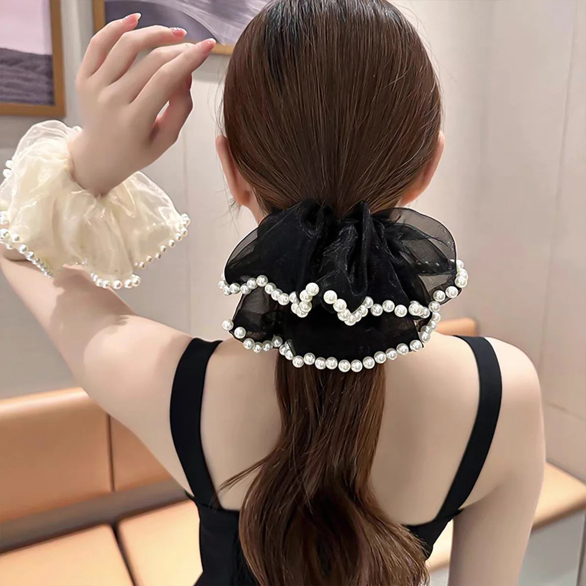 French Style Elegant Hair Accessories Fairy Gauze Elastic Hair Scrunchies With Pearl Decorative Ponytail Holder for Women