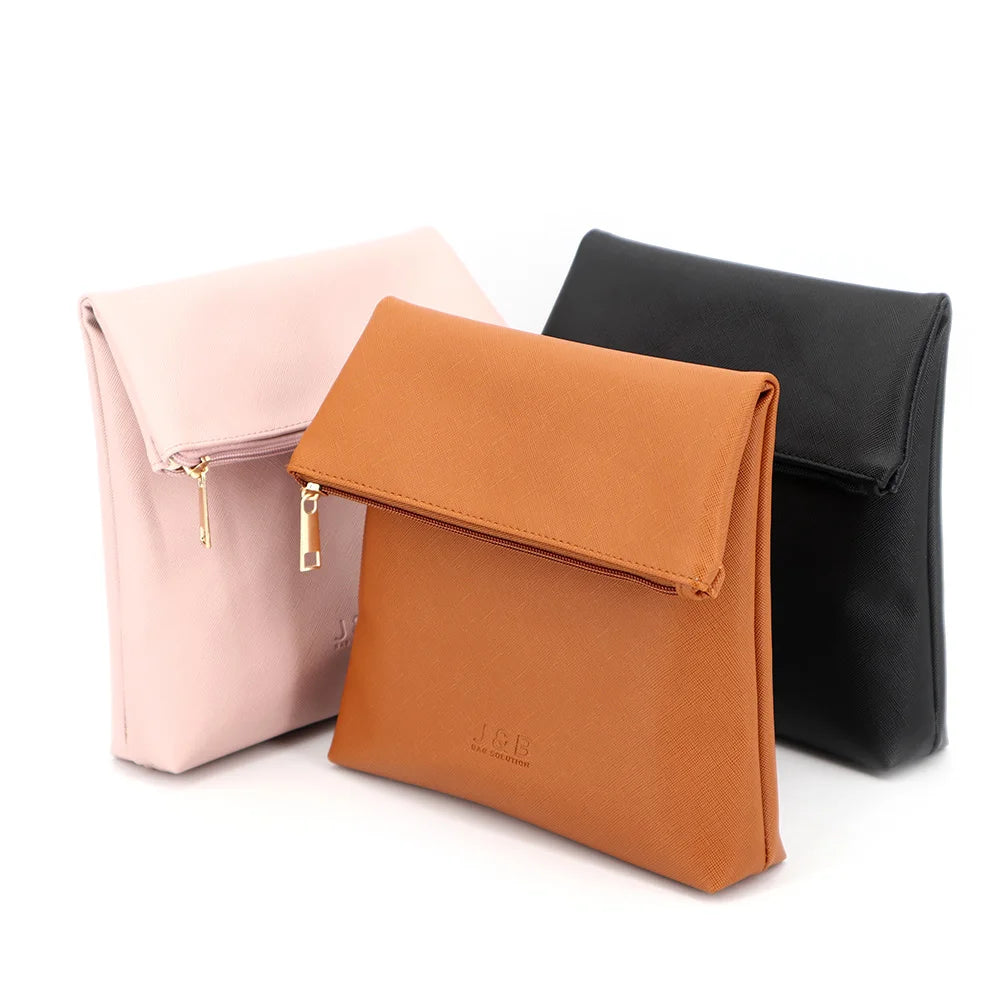 Faux Leather Folding Toiletry Bags for Women Cosmetic PU Leather Bag with Custom Logo European Fashion Zipper Clutch Lady Bag