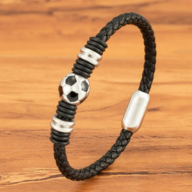 Fashion Jewelry Gift Handmade Braided Genuine Leather Stainless Steel Magnetic Clasp Football Sport Men Bracelet Soccer Lover