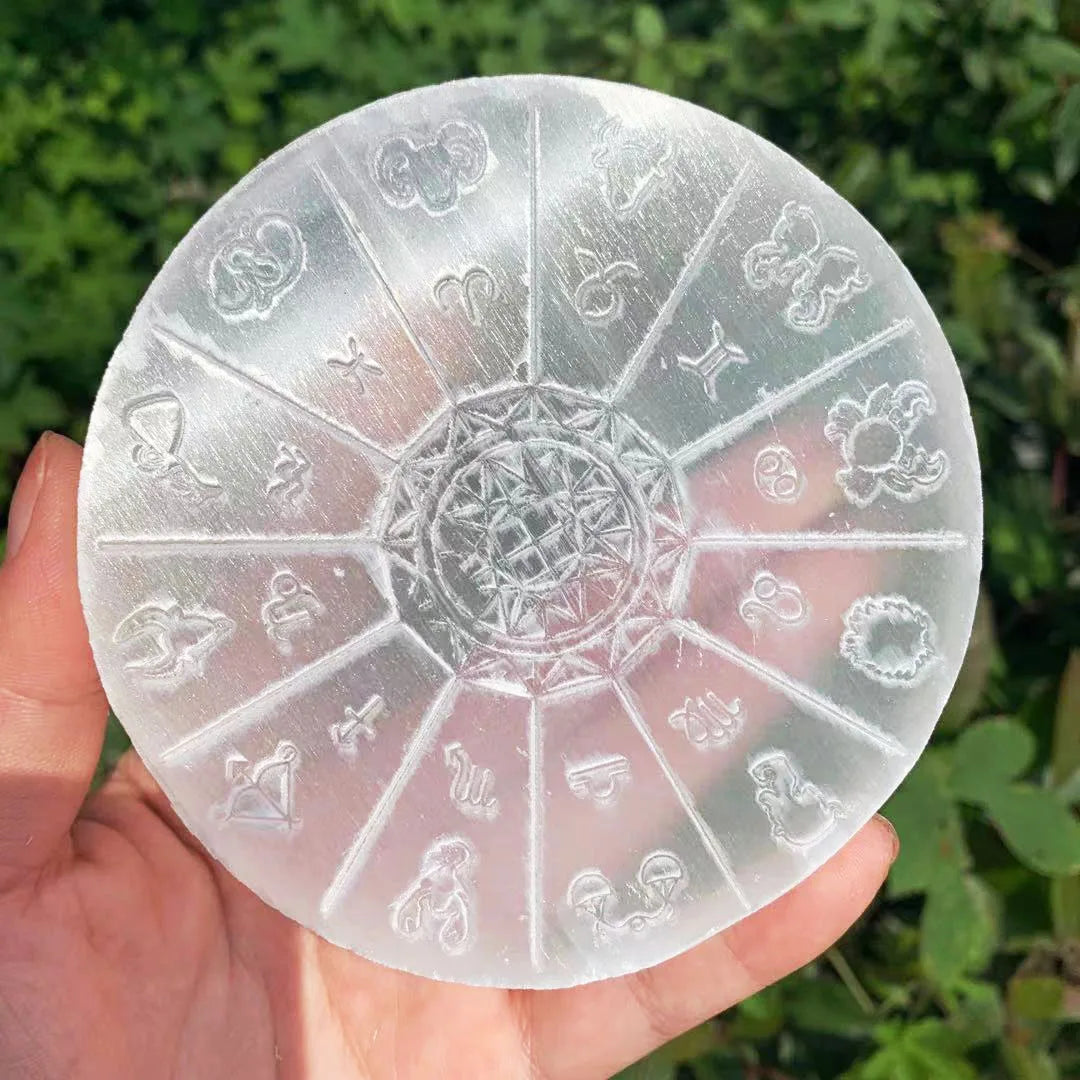 Natural Hand Carved White Selenite Disc Zodiac Wheel Horoscope Cleansing Crystal Grid Healing Stones Crystal Image