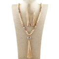 Latest Women Gift Boho Jewelry Set Beige Ceramic Crystal Glass Beads Long Tassel Necklace Earring Set