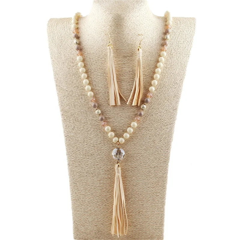 Latest Women Gift Boho Jewelry Set Beige Ceramic Crystal Glass Beads Long Tassel Necklace Earring Set