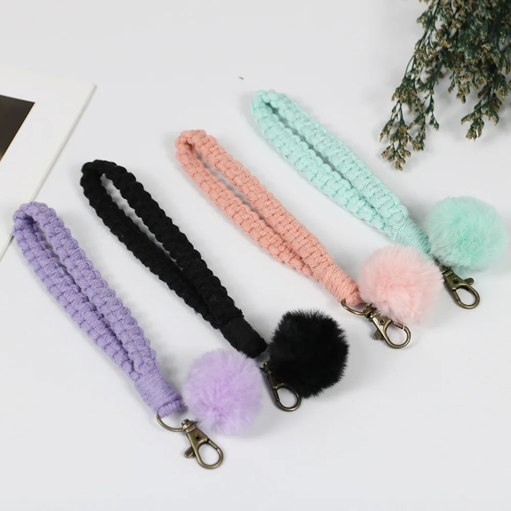 Handmade Braided Lanyard Woven Personalized Cotton Rope Strap Fur Ball Pompom Keychain