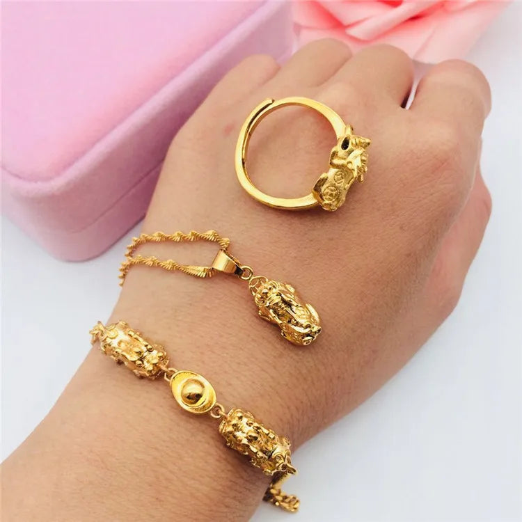 Dubai Gold Gold Jewelry Brass Gold Plated  Jewelry Set Double Pixiuingot Bracelet Pendant Ring