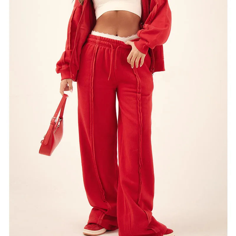 Wholesalsporty Red Oversized Wide Leg Seam Detail Sweatpants for Women