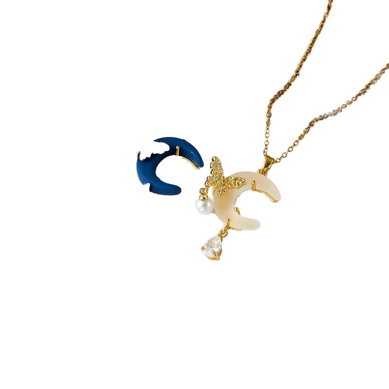Merryshine Women's Elegant Butterfly Moon Pendant Necklace 18K Gold Plated Diamond Zircon Silver & Pearl Religious Style