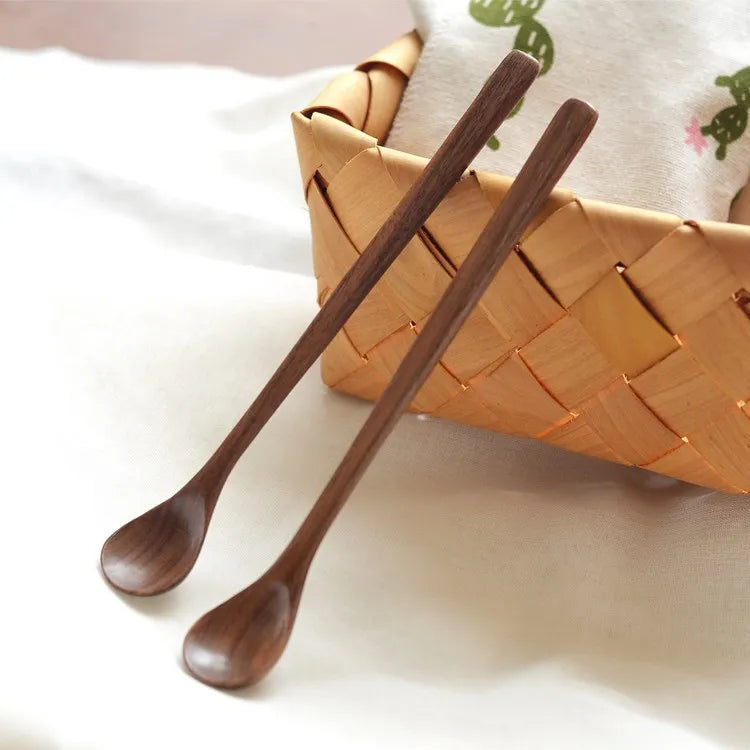 Custom Japanese Style Black Walnut Long Handle Wooden Spoon Honey Stirring Dessert Spoon