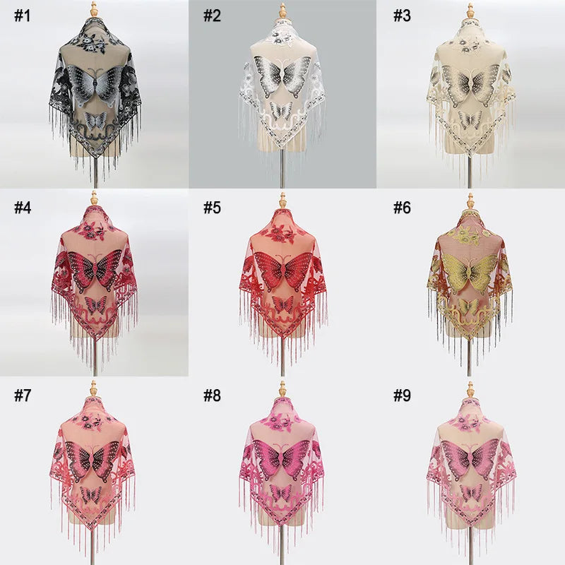 2026 New Arrival Bridal Butterfly Printed Triangle Shawl Embroidery Lace Scarf with Tassel for Summer