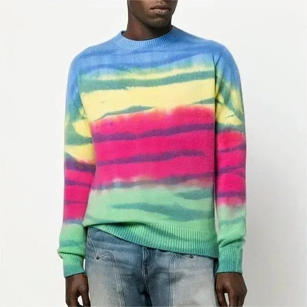 2026 China Knitwear Supplier Custom Long Sleeve Ribbed Knit Crew Neck Knitwear Men Striped Tie Dye Knit Jumper