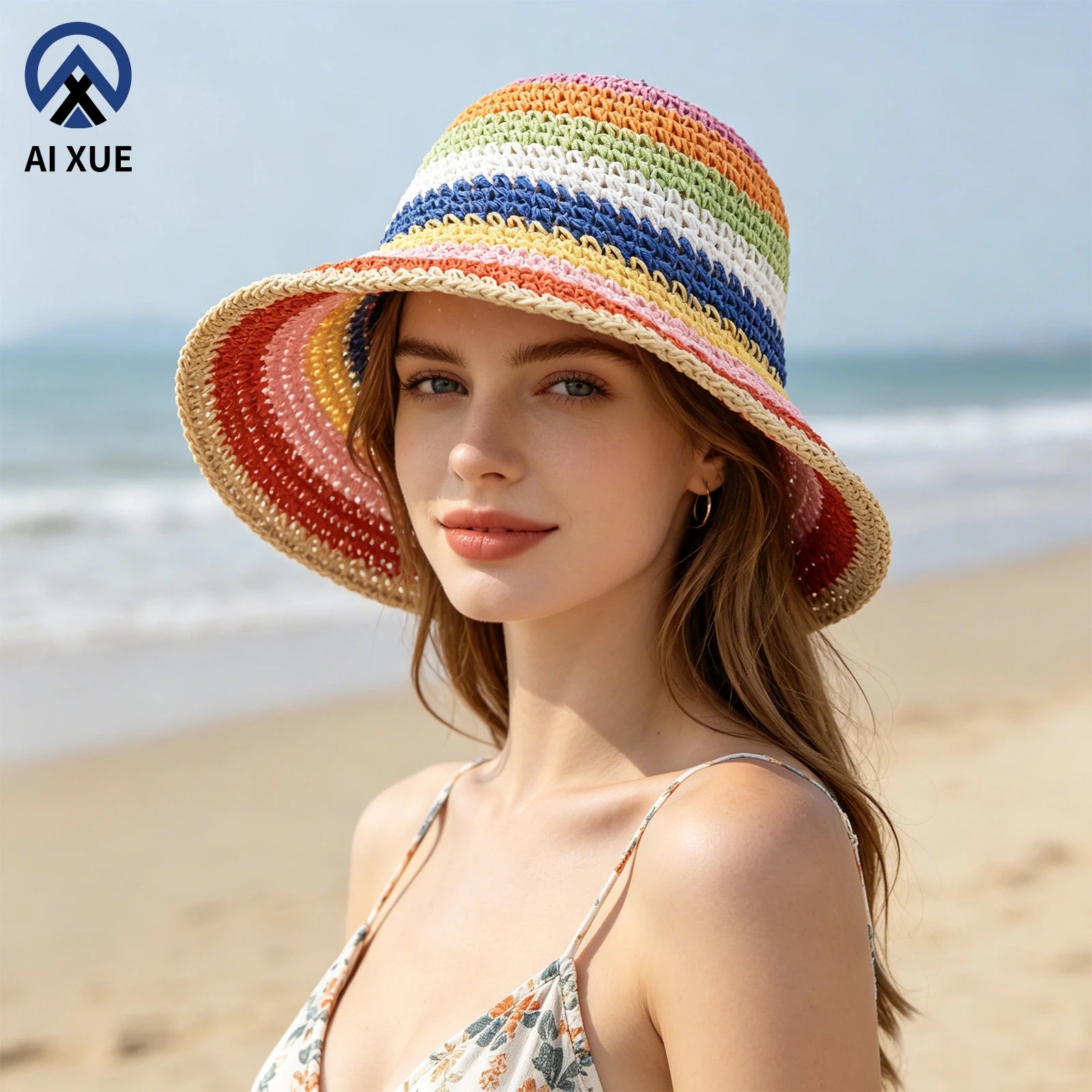 Eco Friendly Rainbow Straw Hats Colorful Grass Woven Hat Summer Beach Bucket Cap Women Fashion Vacation Headwear