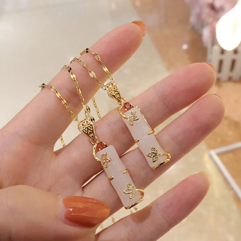 Real Gold Plated Stainless Steel Necklace Jewelry Exquisite Long Bamboo Shape Pink Natural Jade Pendant Necklace