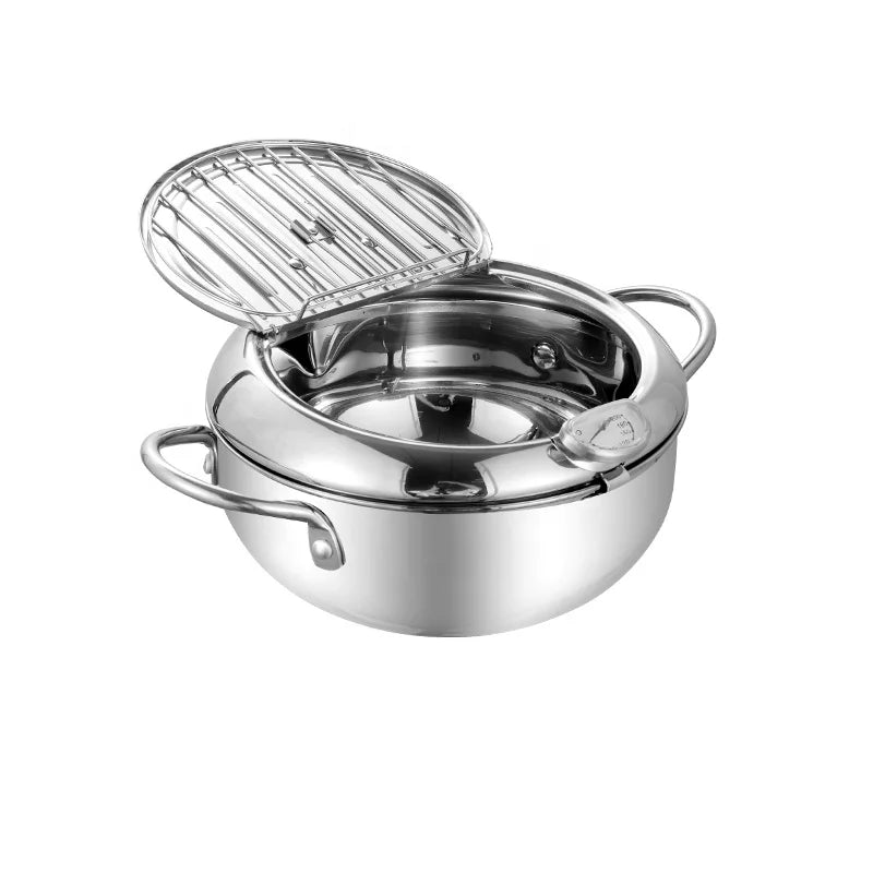 Classic Design Stainless Steel French Fries Deep Fryer Pot with Thermometer New Kitchen Cookware Pan for Cooking Tempura