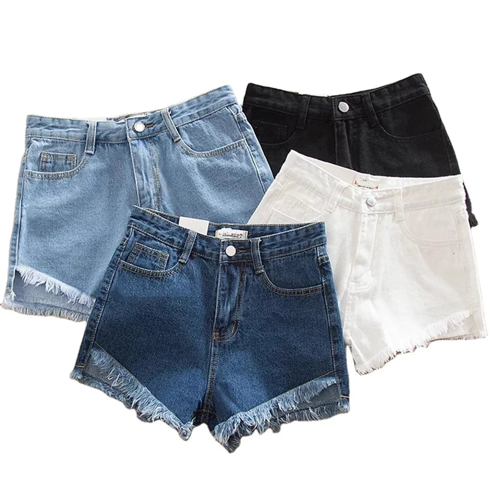 New Women Summer Fashion Tassel  Denim Shorts Washed Distressed Jeans Hot Ripped Shorts Casual Korean Zipper Fly Solid Fashion