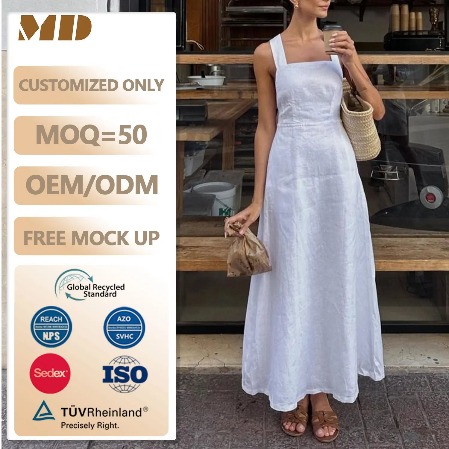 Custom OEM/ODM Clothing Factory Minimalist Elegant High-Waisted Loose-Fit Linen Dress Backless Sleeveless One-stop for Women