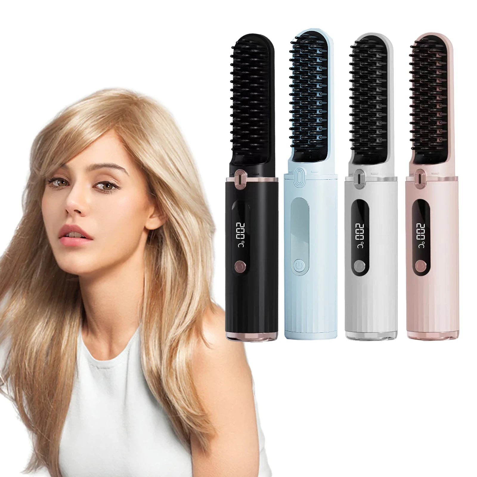 Type-C Charging 2-in-1 Wireless Portable Hair Straightener Brush with 4-Temperature Settings for Hotel Use